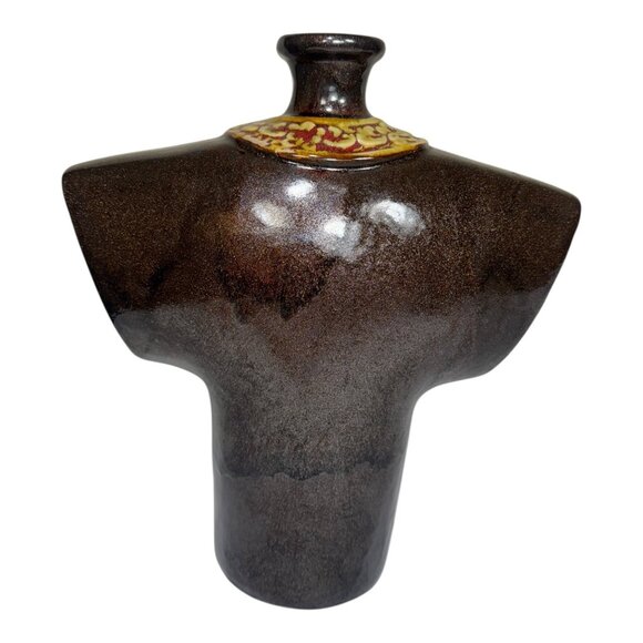 Vintage Kimono-Inspired Ceramic Abstract Vase W/ Ornate Red & Gold Detailing 12” - Picture 7 of 10